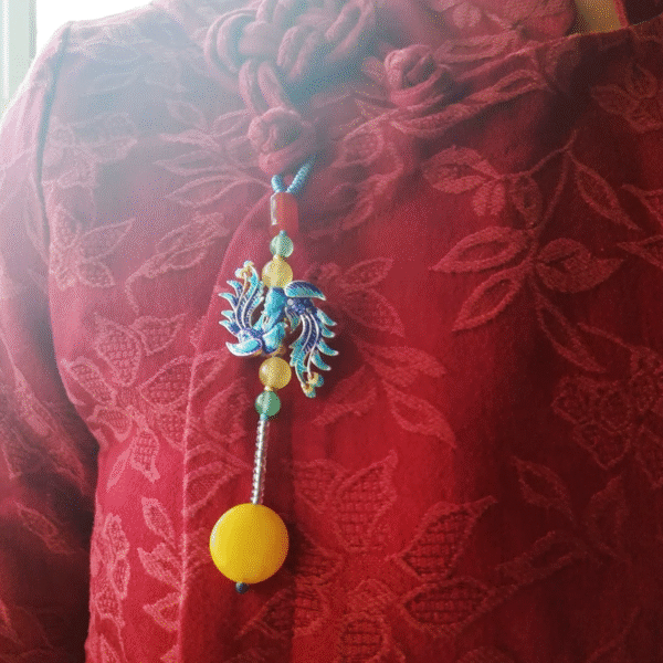 Cloisonné Phoenix Yellow Jade Cheongsam Button Pendant - Image 5