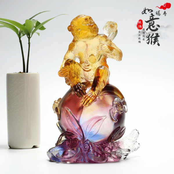 琉璃猴子摆件生肖猴工艺品吉祥物生日礼物福寿如意寿桃
