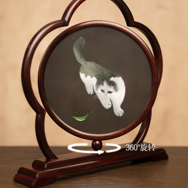 苏绣摆件双面异色绣猫戏螳螂中国风刺绣经典工艺品摆台礼品送领导 - Image 2