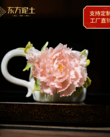 东方泥土陶瓷非遗陶瓷牡丹杯子摆件中式创意桌面装饰品送闺蜜礼物